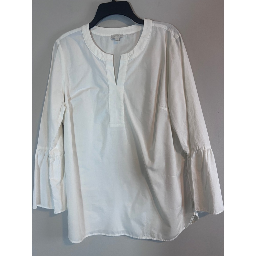 Talbots Women White Cotton Blend Bell Sleeve Split Neck Tunic Top Size M